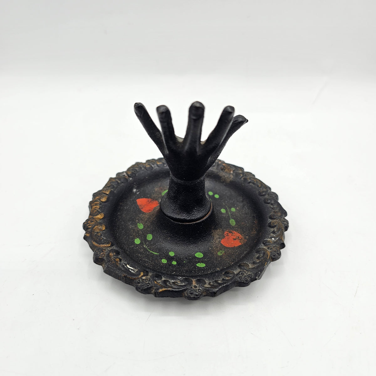 Vintage Wilton Black Hand Cast Iron Ring Trinket Jewelry Dish Hand Painted with Flowers