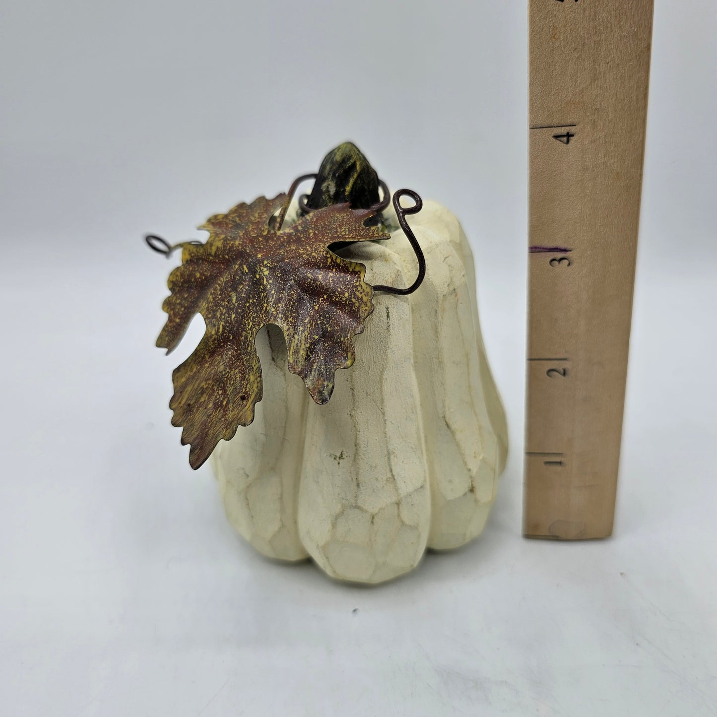White Resin Pumpkin with Metal Leaf and Tendrils