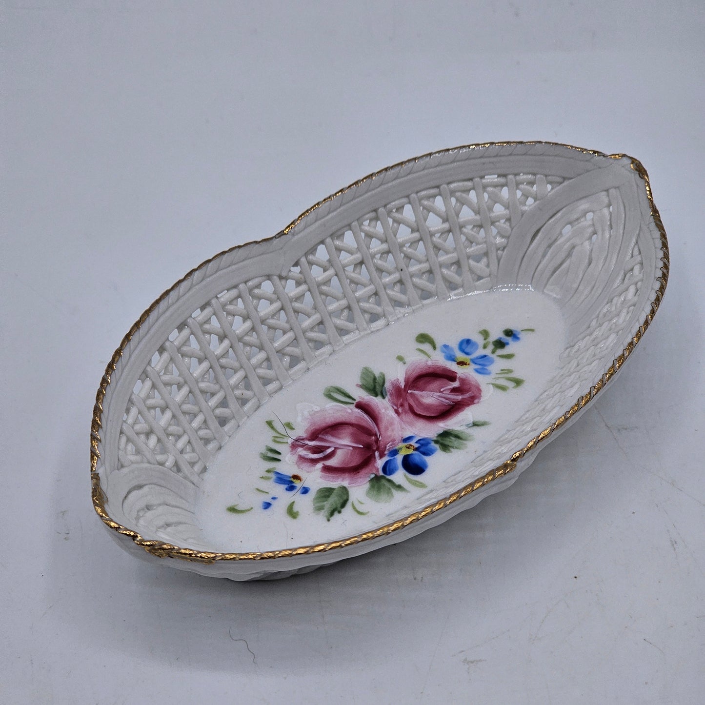 Small Reticulated Open Weave Hand Painted Floral Porcelain Trinket Dish