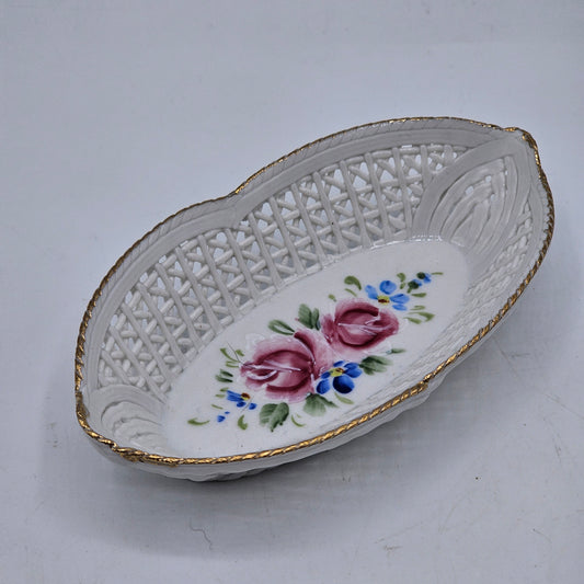 Small Reticulated Open Weave Hand Painted Floral Porcelain Trinket Dish