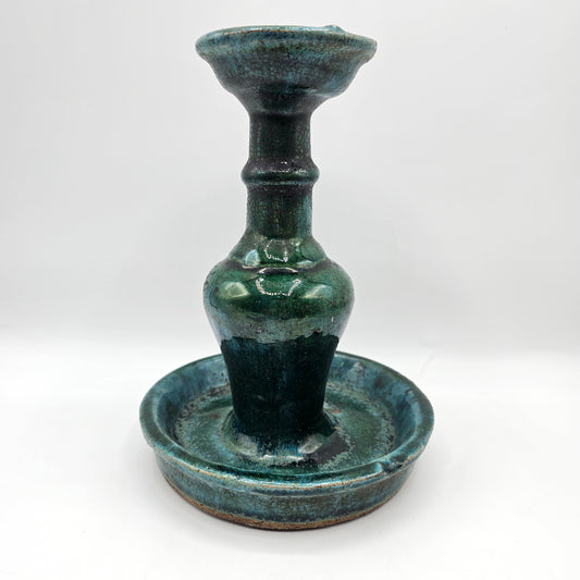 Vintage Green Glazed Stoneware Pillar Candlestick with Moat