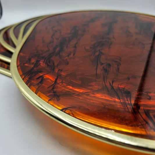 Vintage Tortoiseshell Lucite Placemats with Gold Tone Metal Rim - Set of 6