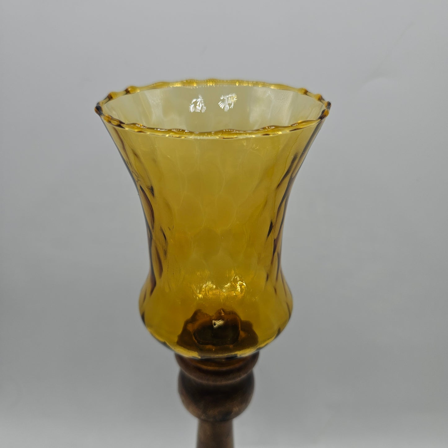 Vintage Turned Wood Candlestick (Repaired) with Amber Glass Peg Shade