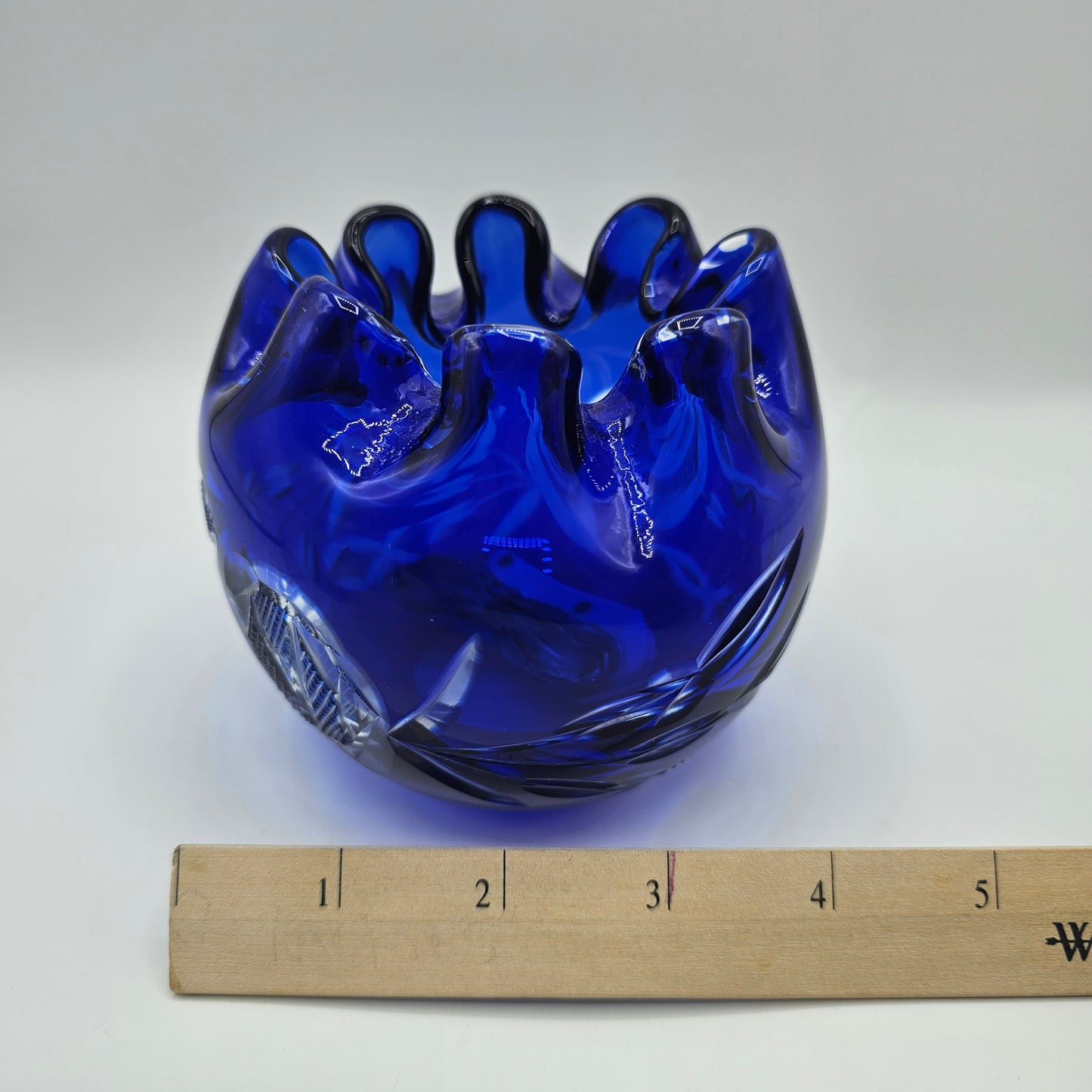 Bohemian Cobalt Blue Hand Cut-to-Clear Glass Rose Bowl with Ruffled Top Rim