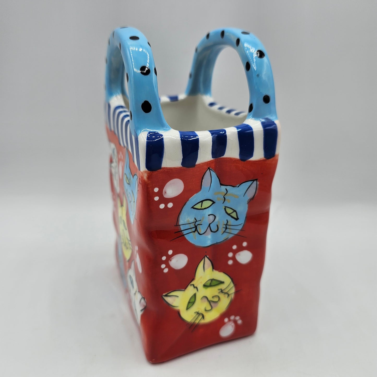 Ceramic Gift Bag Shaped Vase with Cat Faces by Ganz