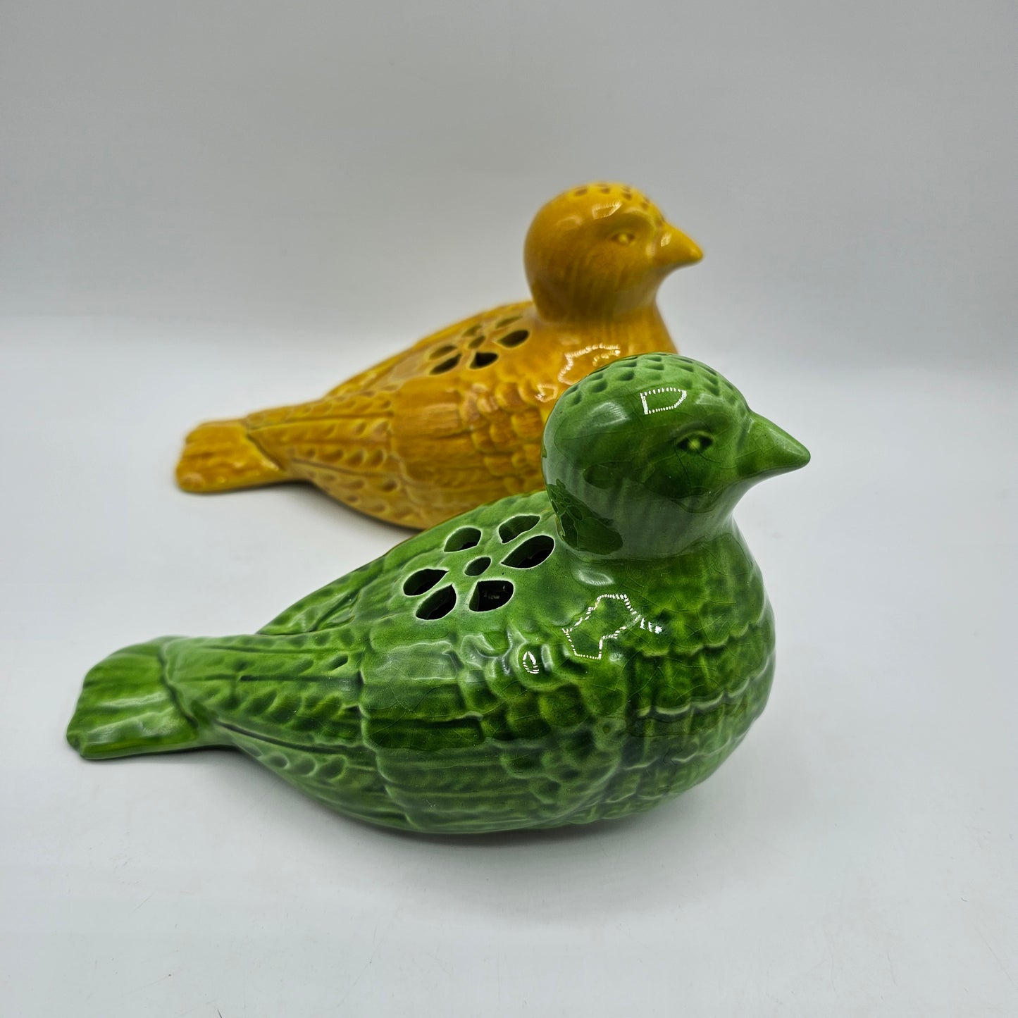 Vintage Yellow and Green Ceramic Flower Frog Birds - Made in Italy