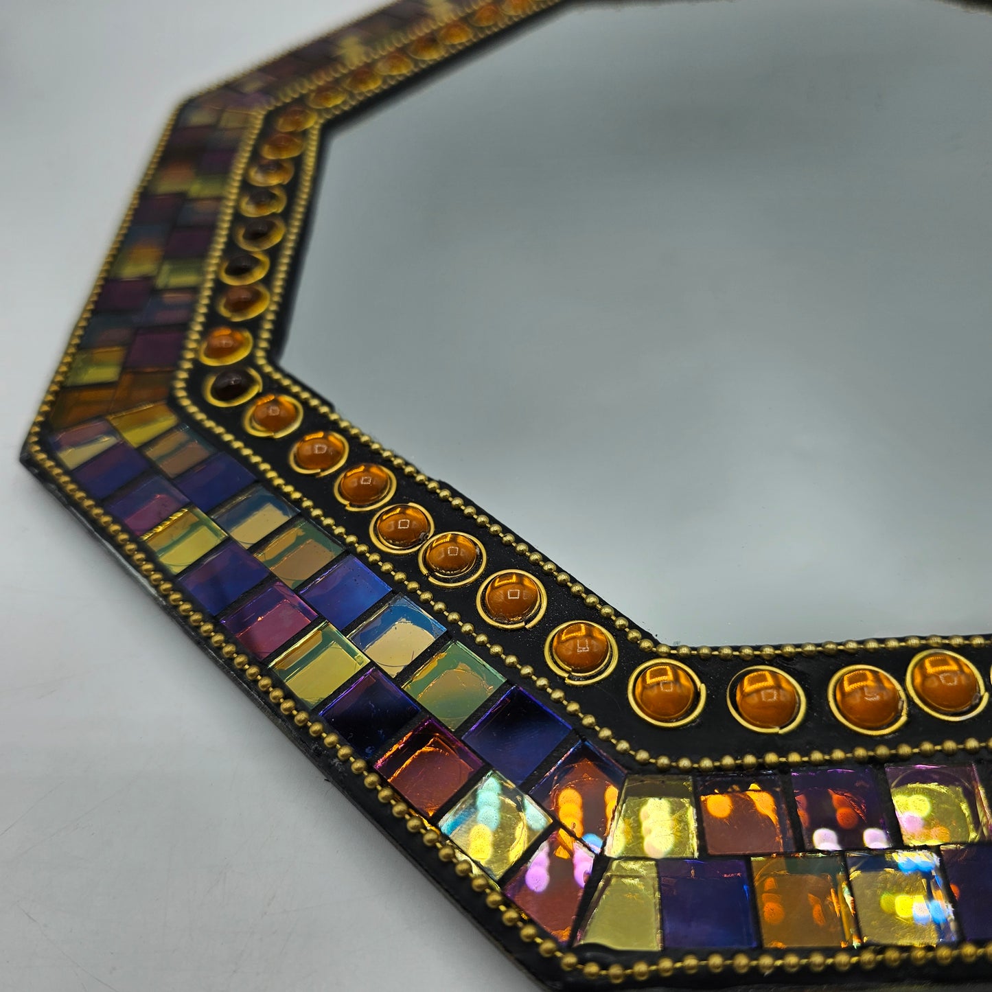 PartyLite Hexagonal Mosaic Glass Framed Wall Mirror / Vanity Tray 11" Diameter **damage noted**