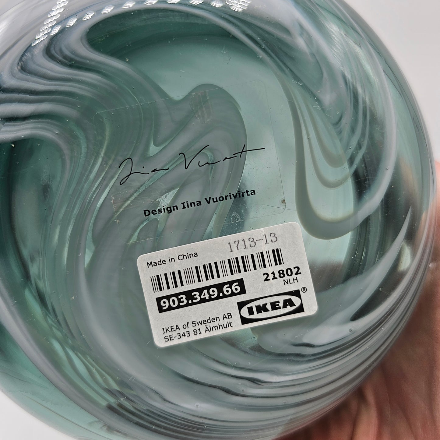 Hand Blown Glass Vase by Iina Vuorivirta for Ikea Blue Grey White Marble Swirl