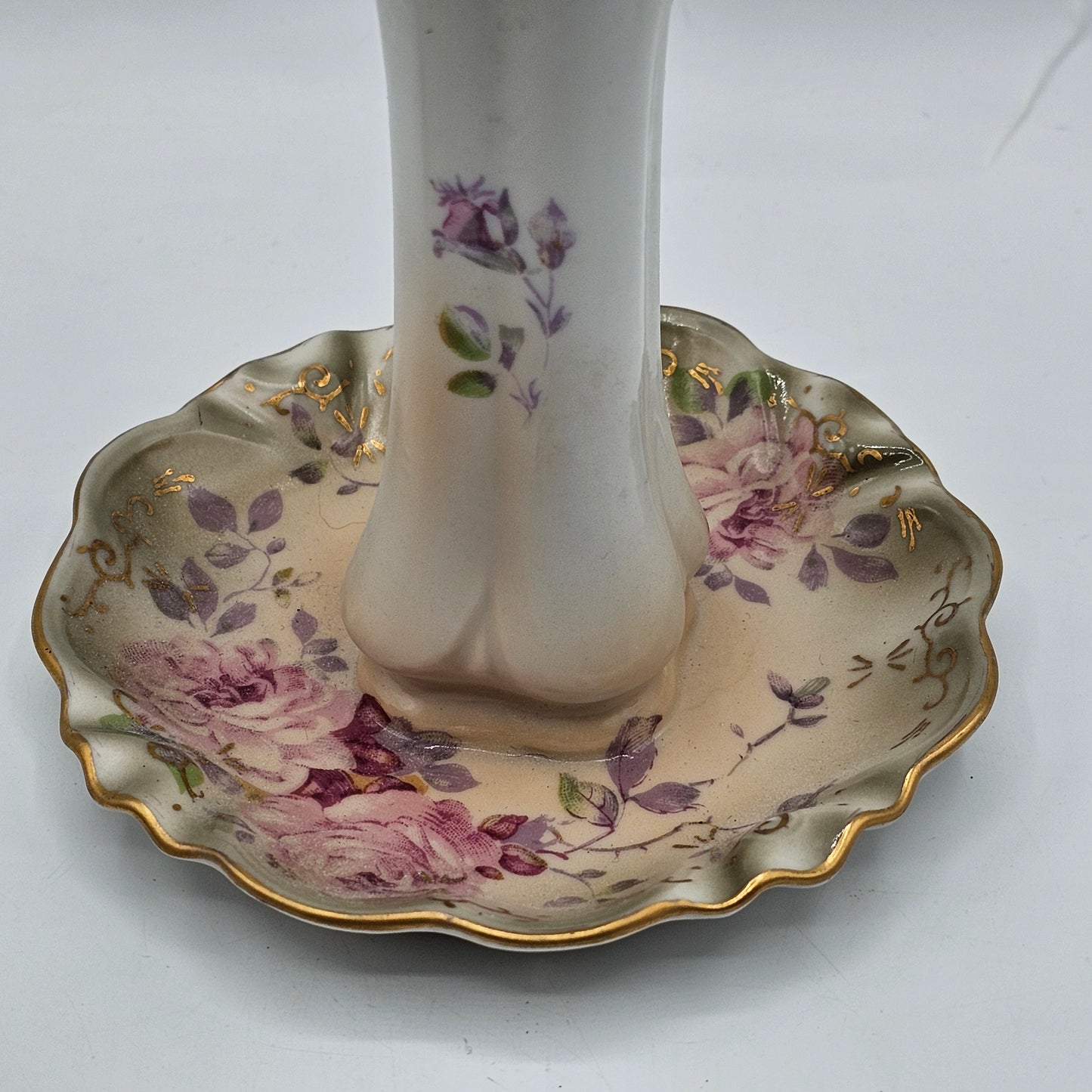Vintage Hand Painted Porcelain Floral Hat Pin Holder with Ring Dish