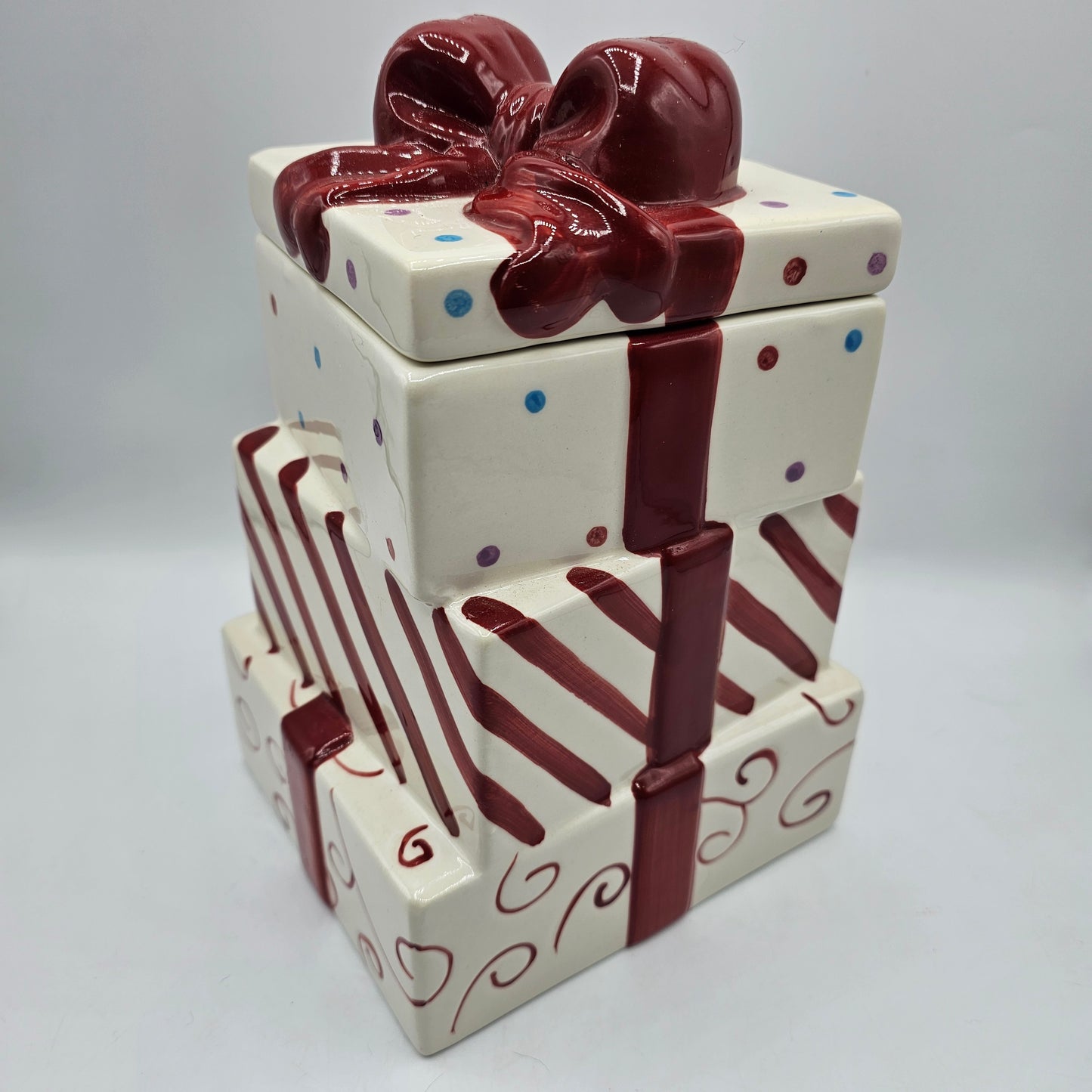 Polka Dot and Bow Stacked Presents Ceramic Cookie Jar with Candy Cane Stripes