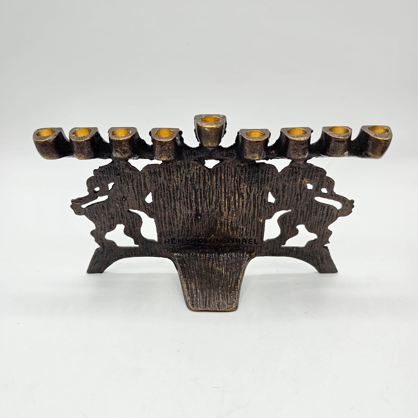 Vintage Brass "Welcome" Menorah by Hen Holon of Israel (for mini taper candles)