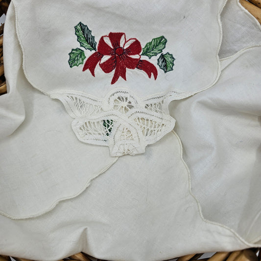 Embroidered Poinsettia and Holly Leaf Linen Bread Basket Warmer / Liner