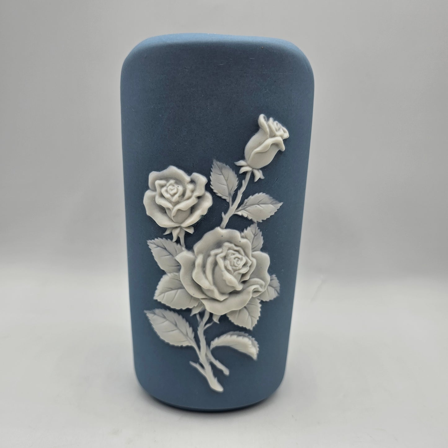 Wedgewood Jasperware Style Oval Blue Vase with Applied White Roses