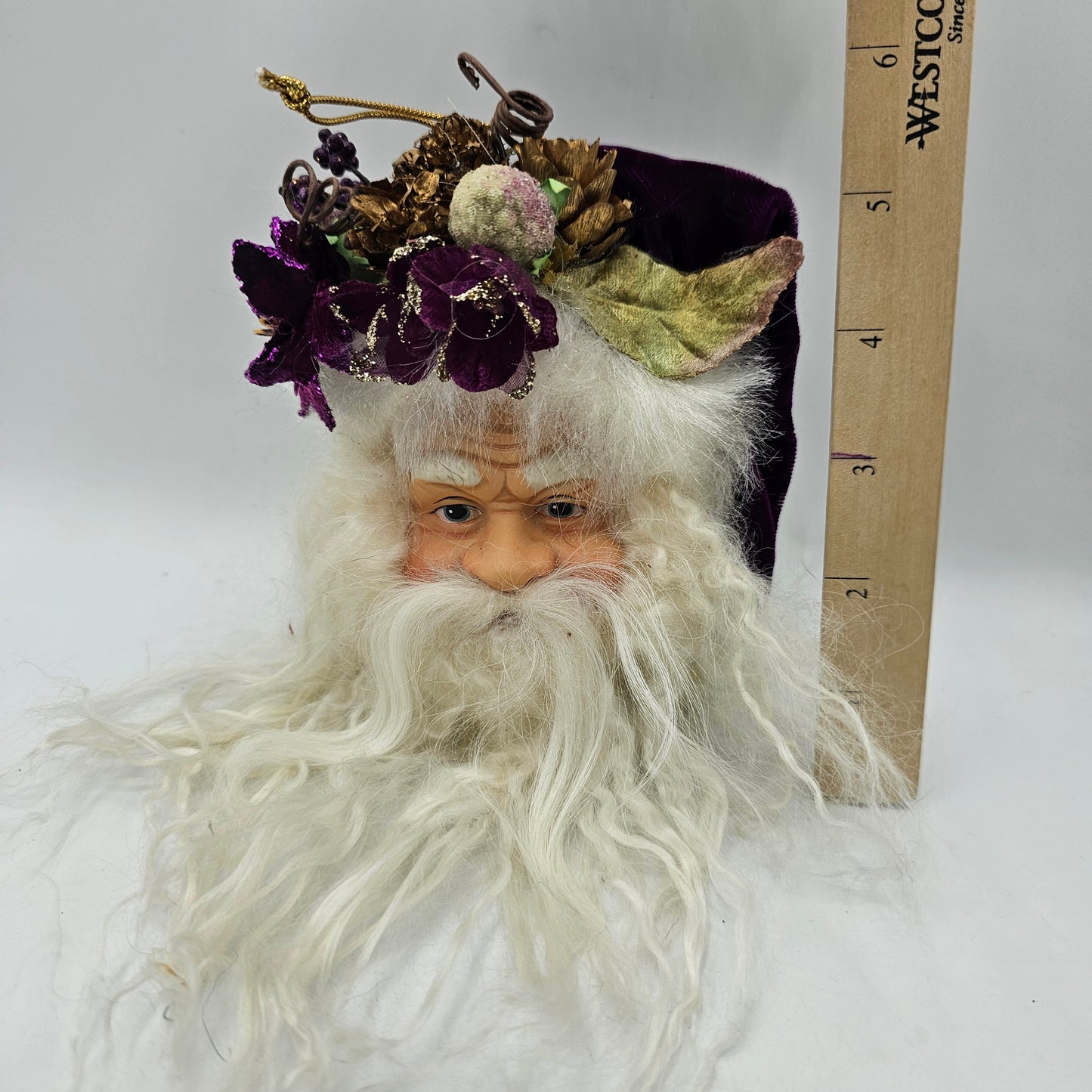 Woodland Santa Head Christmas Tree Ornament with Flowers and Jingle Bell