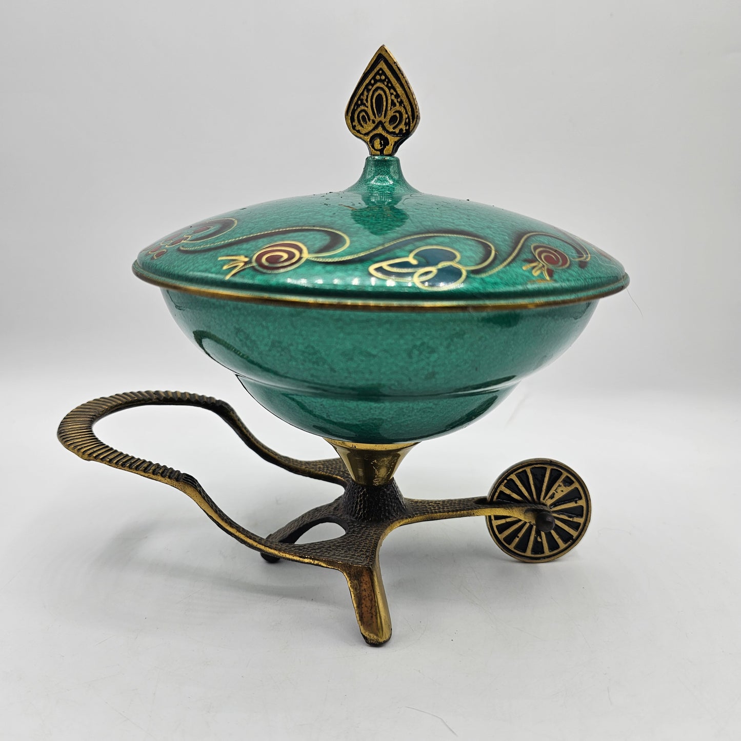 Vintage Israeli Hand Painted Green Enamell and Brass Candy Dish - Made in Israel