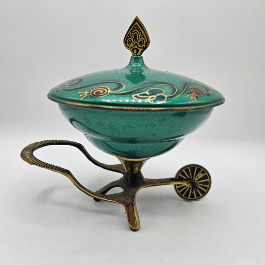 Vintage Israeli Hand Painted Green Enamell and Brass Candy Dish - Made in Israel