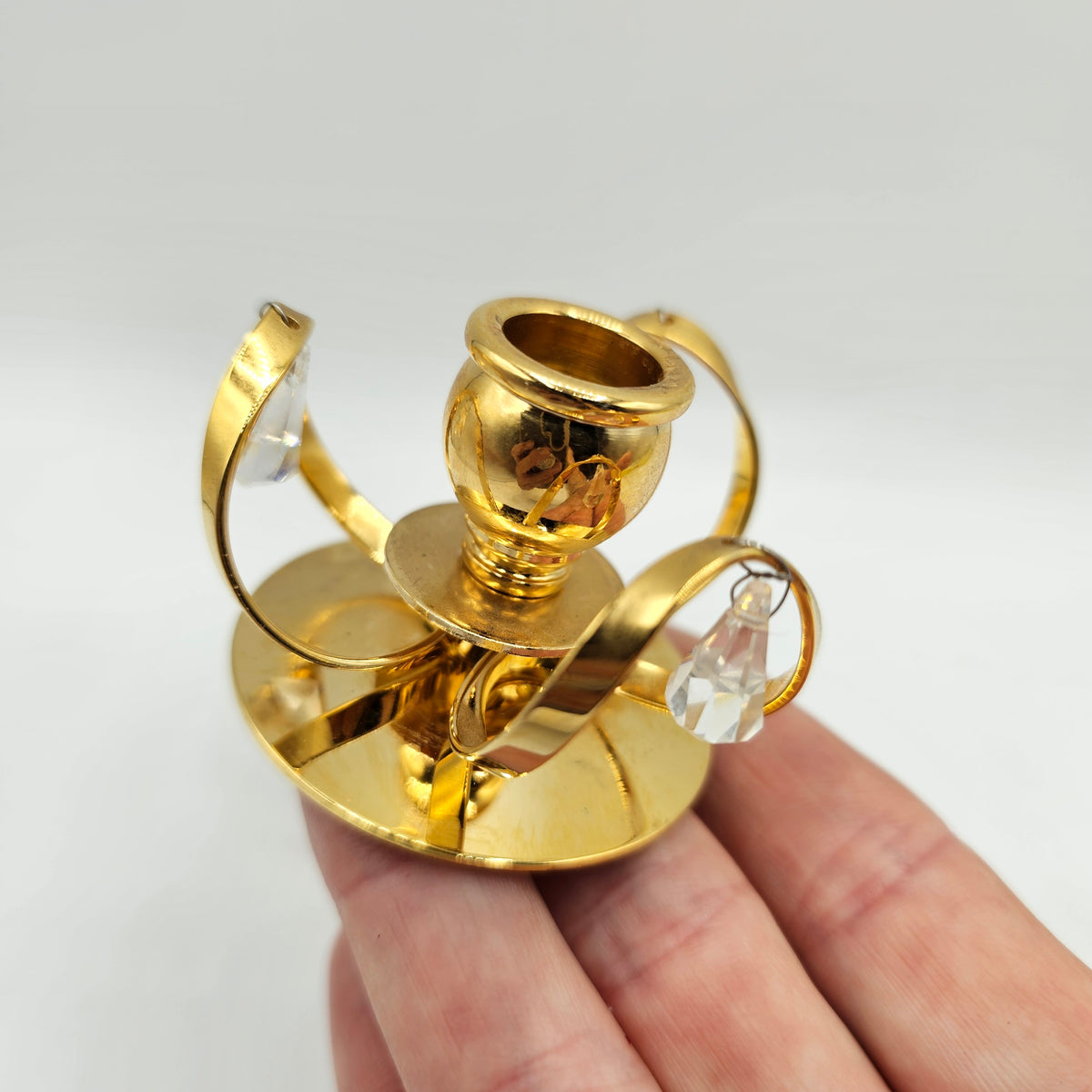 Vintage 24k Gold Plated Mini Taper Candlesticks with Hanging Strass Crystal Drops by Lycenta of Sweden
