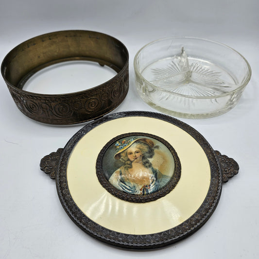 Antique Victorian Vanity Dresser Lidded Footed Metal Box with Celluloid Top and Divided Glass Insert - damage noted