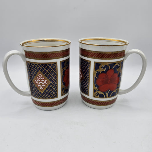 Fitz and Floyd 1975 Empress Floral and Geometric Pattern China Mugs - Set of 2