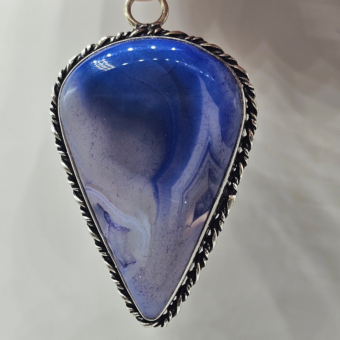 Teardrop Blue Banded Agate Pendant with Silver Setting