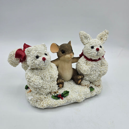 Charming Tails by Fitz and Floyd Frosty Friends Figurine - Mouse Building a Snowman Bunny and Squirrel
