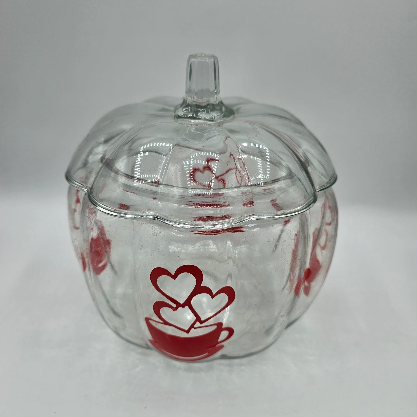 Glass Pumpkin Lidded Cookie Jar with Red Coffee Stickers (easily removed)