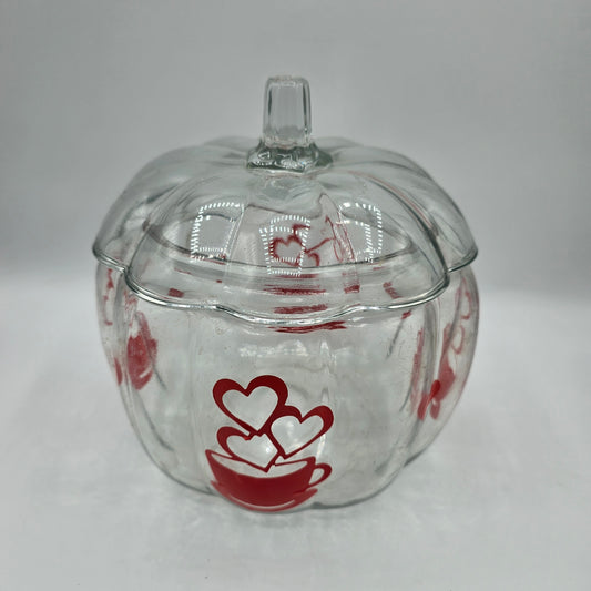 Glass Pumpkin Lidded Cookie Jar with Red Coffee Stickers (easily removed)