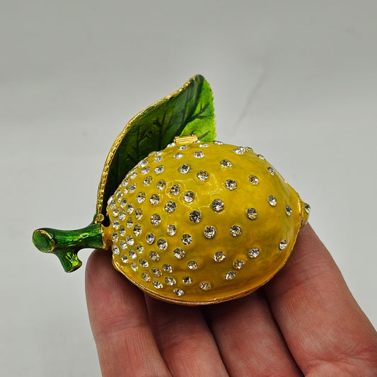 Lemon Enameled Metal Trinket Box with Hinged Lid
