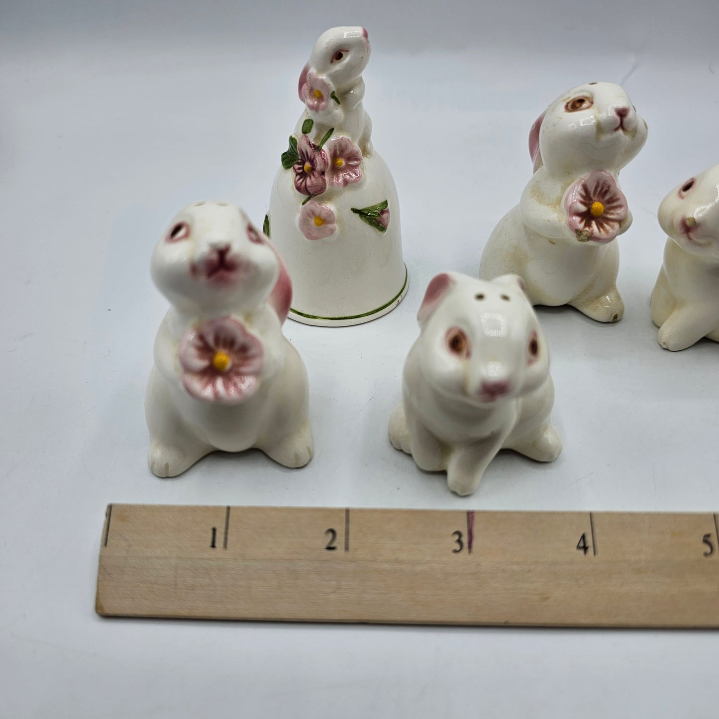 Vintage Avon 1980s Bunny Rabbit Salt and Pepper Shakers and Bell (minor chips noted)