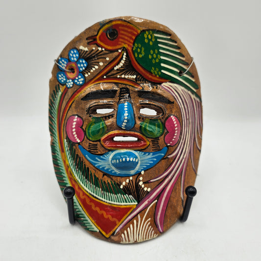 Talavera Hand Painted Mexican Pottery Folk Art Mask with Bird and Wall Hanger (small chips)