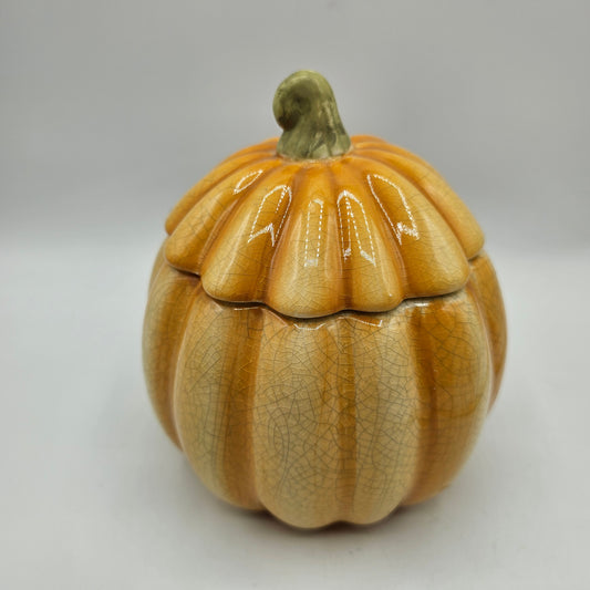 Orange Crackle Glazed Ceramic Pumpkin Candle - Lit