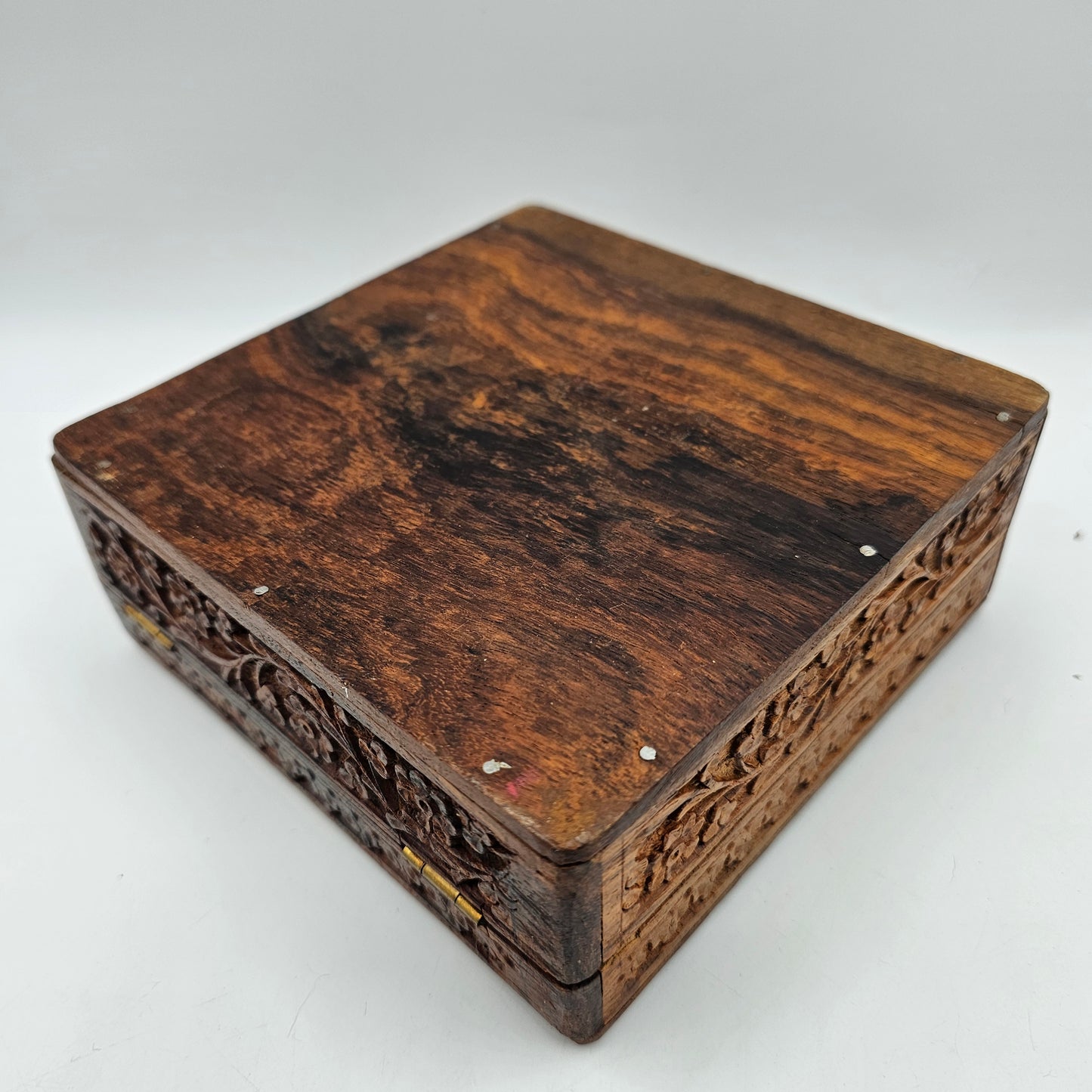 Square Hand Carved Inlaid Wooden Jewelry Box with Hinged Lid