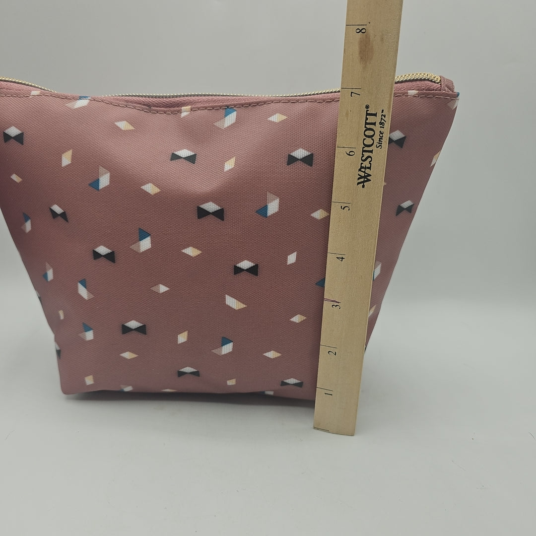 Sonia Kashuk Dusty Pink Boat Clutch - Zip Up Cosmetic Bag with Geometric Triangles Pattern
