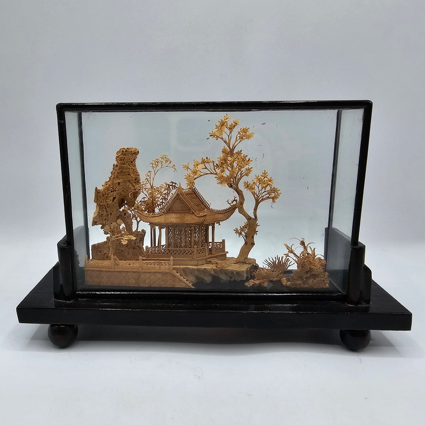 Vintage Chinese Hand Carved Cork Diorama Encased in a Black Lacquer and Glass Shadow Box