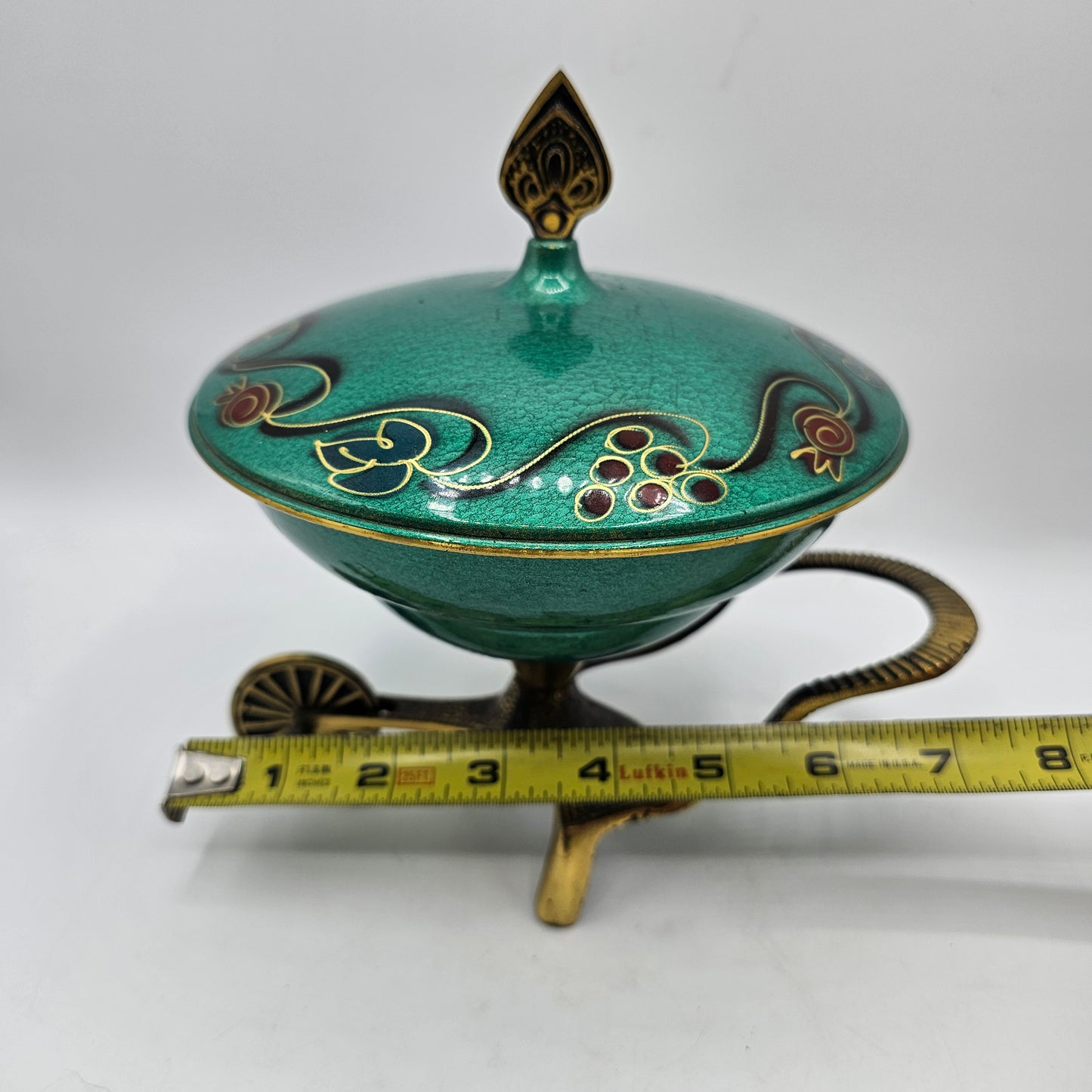 Vintage Israeli Hand Painted Green Enamell and Brass Candy Dish - Made in Israel