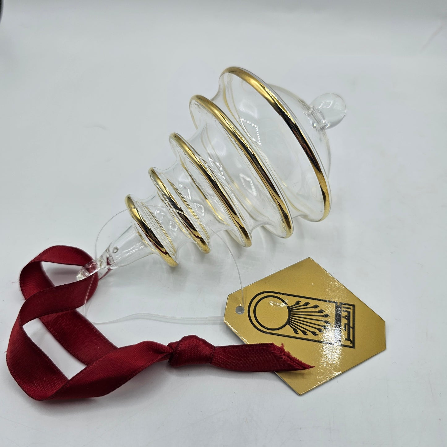 Egyptian Blown Glass with Gold Christmas Tree Ornament with Red Ribbon in Original Box