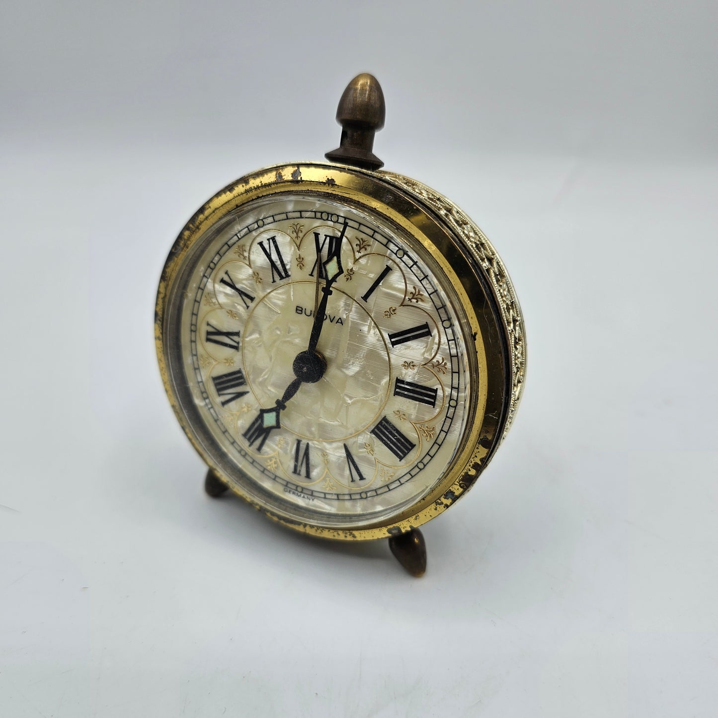 Vintage Bulova Wind Up Alarm Clock with Mother of Pearl Face and Gold Tone Lace Metal Accents - Made in Germany- DISPLAY OR PARTS ONLY DOESN'T WORK