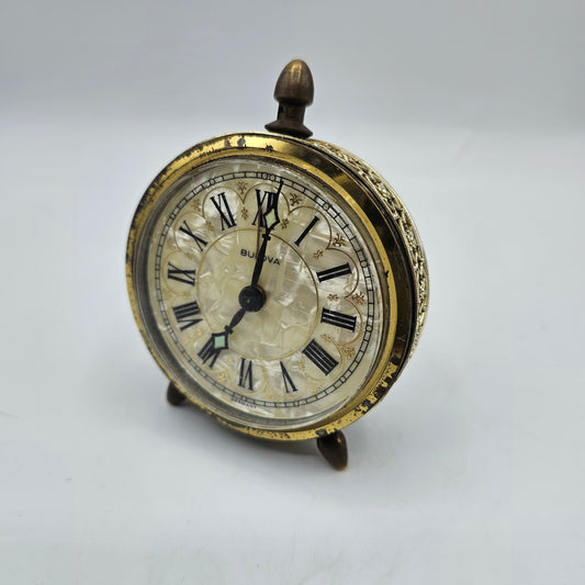 Vintage Bulova Wind Up Alarm Clock with Mother of Pearl Face and Gold Tone Lace Metal Accents - Made in Germany- DISPLAY OR PARTS ONLY DOESN'T WORK