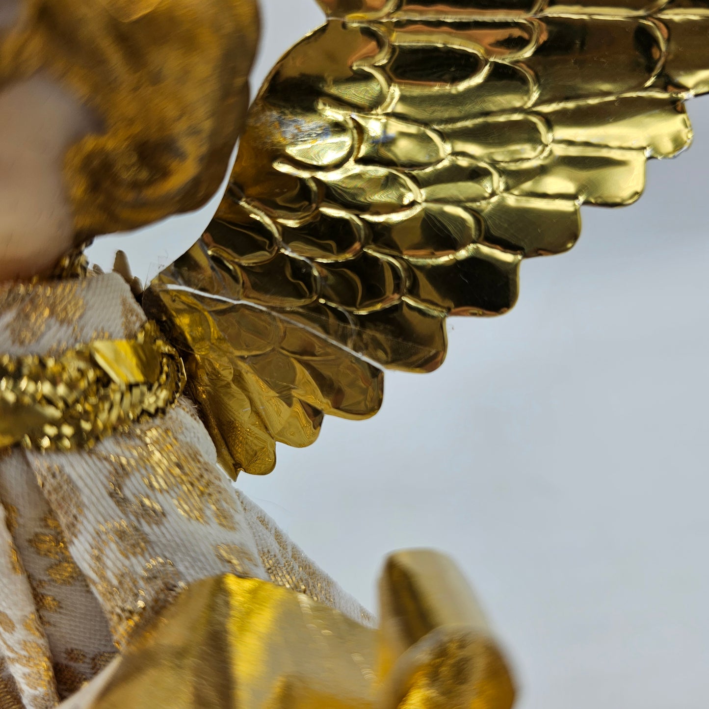 Vintage German Wax Face and Hands Gold Angel Tree Topper 1950's By Koestel (damage noted)