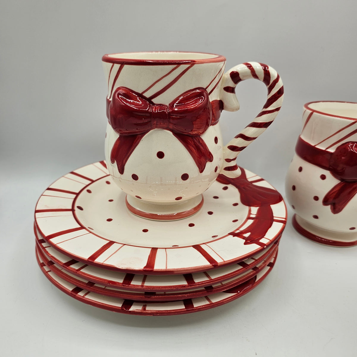 Polka Dot and Bow Christmas Candy Cane Stripe Ceramic Mug and Plate - Set of 4