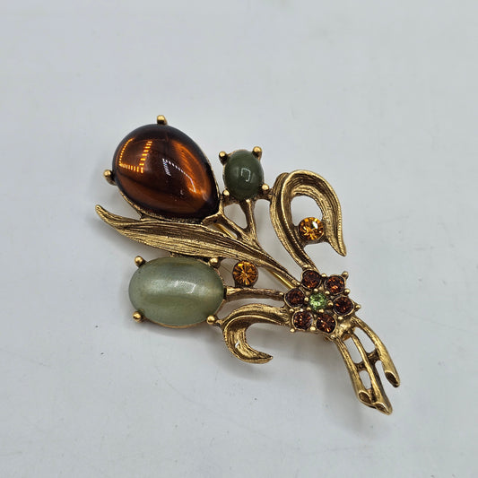 Vintage Gold Tone Flower Bouquet Brooch with Amber Jade Glass Cabochons and Crystal Rhinestones - Pin Back