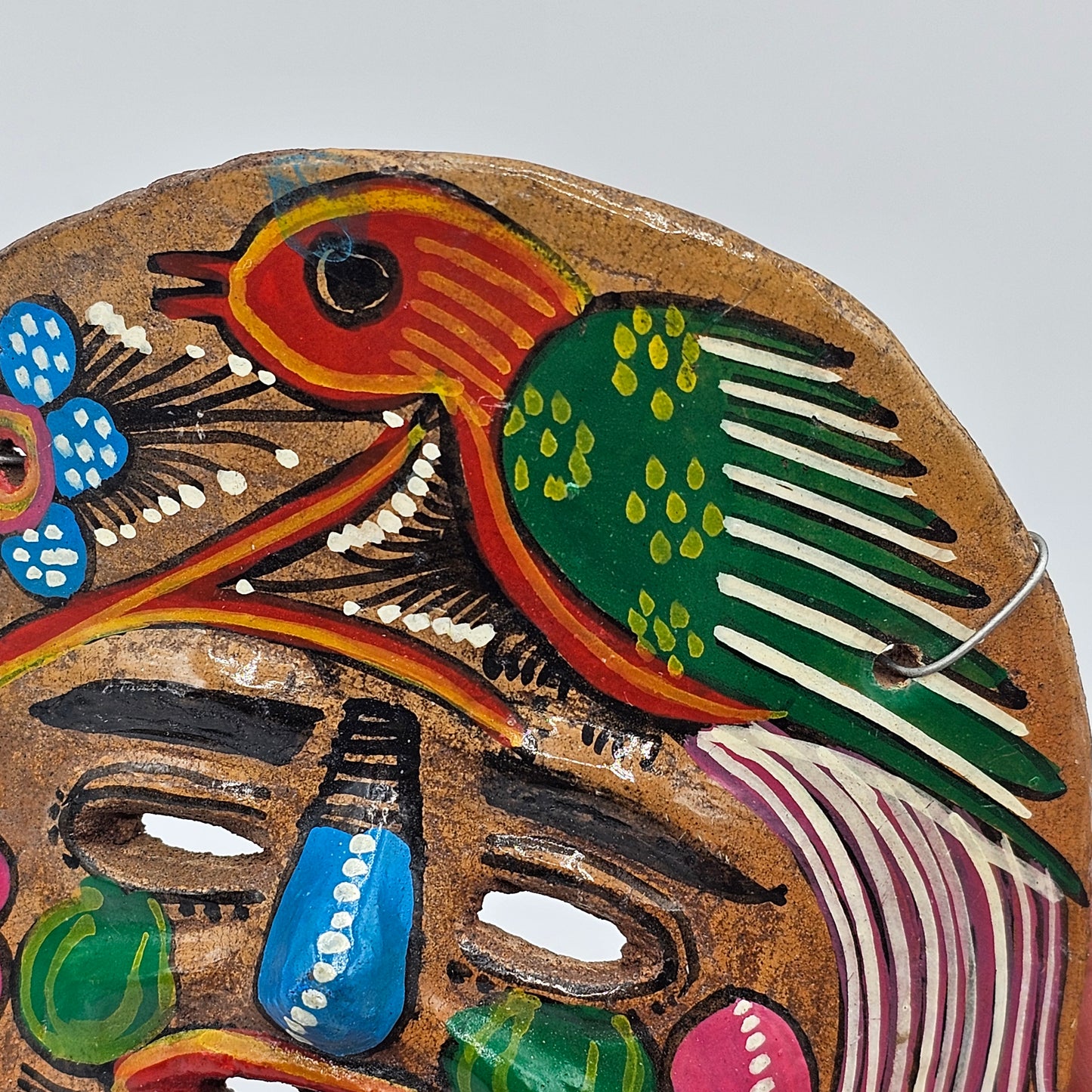 Talavera Hand Painted Mexican Pottery Folk Art Mask with Bird and Wall Hanger (small chips)