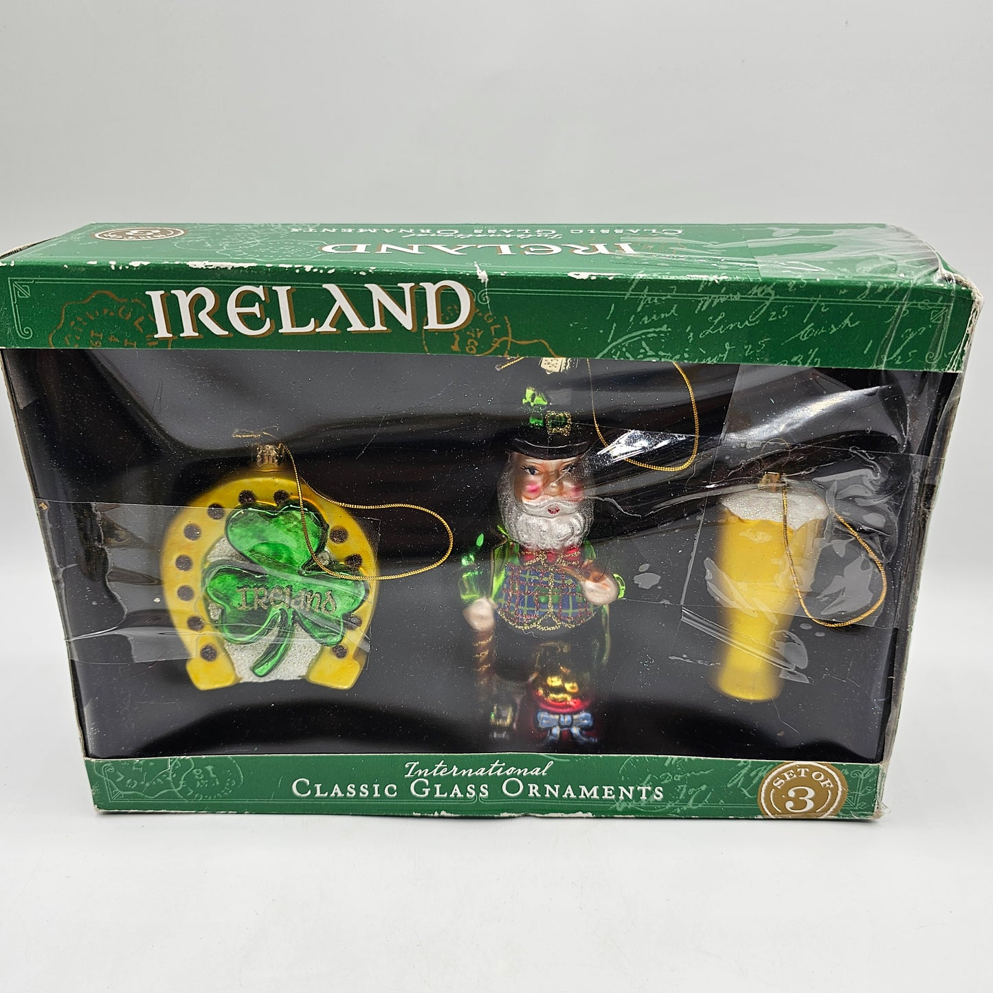 Irish Blown Glass Christmas Tree Ornaments in Original Box -  Shamrock, Leprechaun, Guinness - Set of 3
