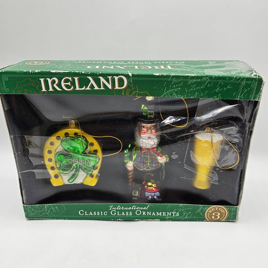 Irish Blown Glass Christmas Tree Ornaments in Original Box -  Shamrock, Leprechaun, Guinness - Set of 3