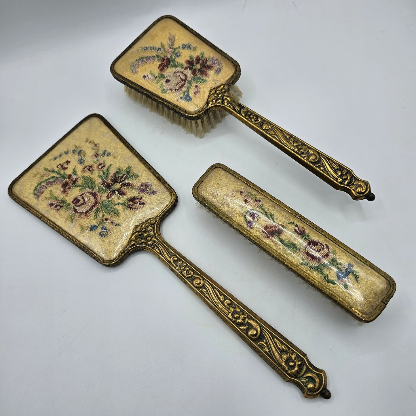 Vintage Petit Point Embroidery 3 Piece Vanity Dresser Set - Hairbrush, Clothes Brush and Beveled Hand Mirror; Wood with Brass