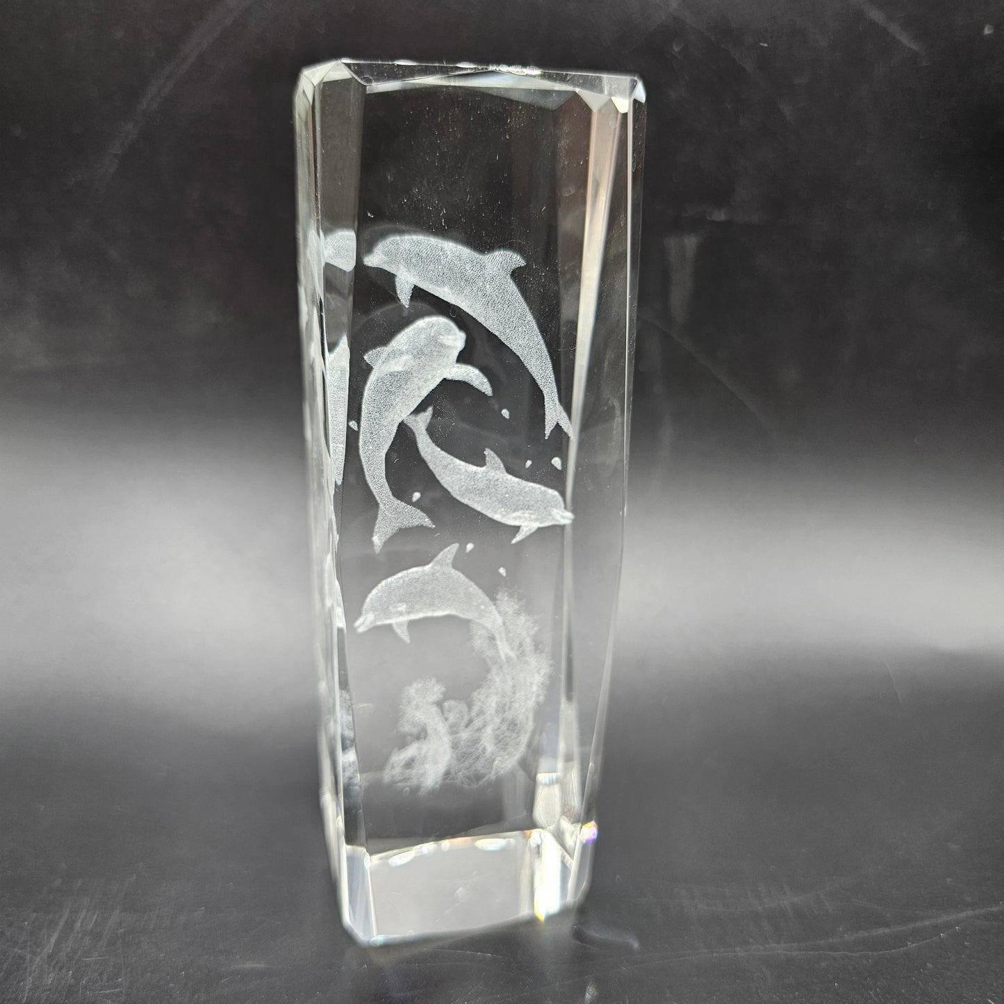 3D Laser Etched Crystal Leaping Dolphins Cube Paperweight