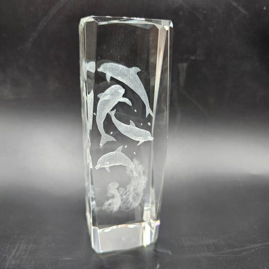 3D Laser Etched Crystal Leaping Dolphins Cube Paperweight