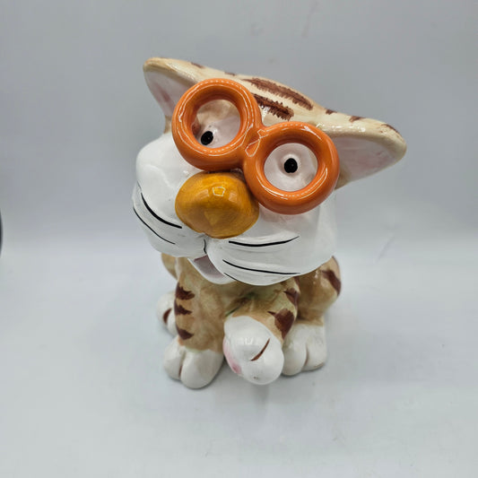 Nerdy Orange Tabby Cat with Glasses Ceramic Piggy / Coin Bank with Stopper