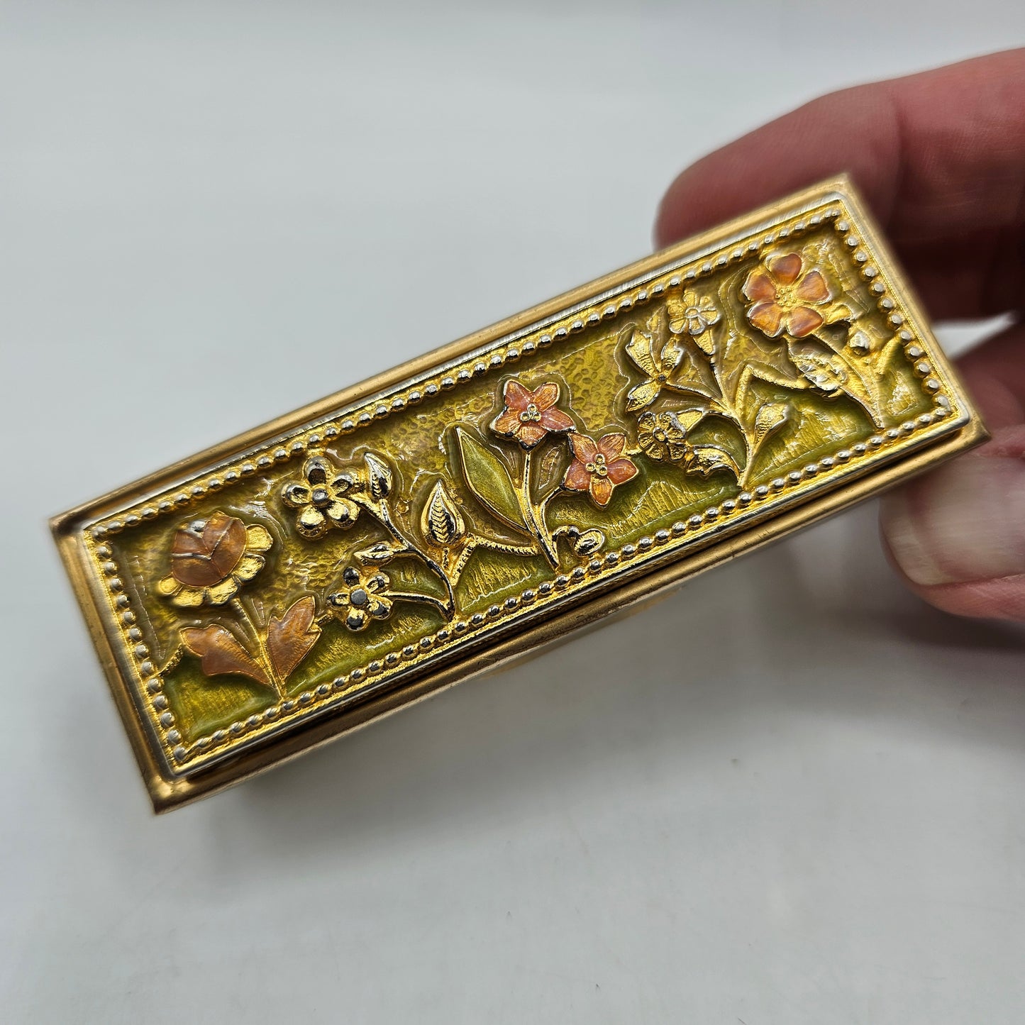 Brass Lipstick Holder with Enameled Flowers