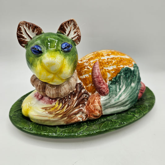 Rare Vintage Porcelain Vegetable Cat Butter Dish by Horchow of Italy